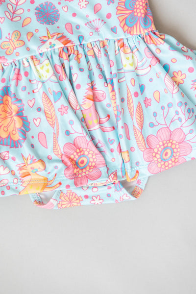 Mila & Rose:  Blue Retro Unicorns S/S Twirl Bodysuit SHIPS SEPARATELY