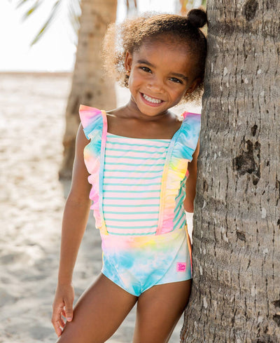RuffleButts + RuggedButts - Girls Rainbow Tie Dye Pinafore One Piece