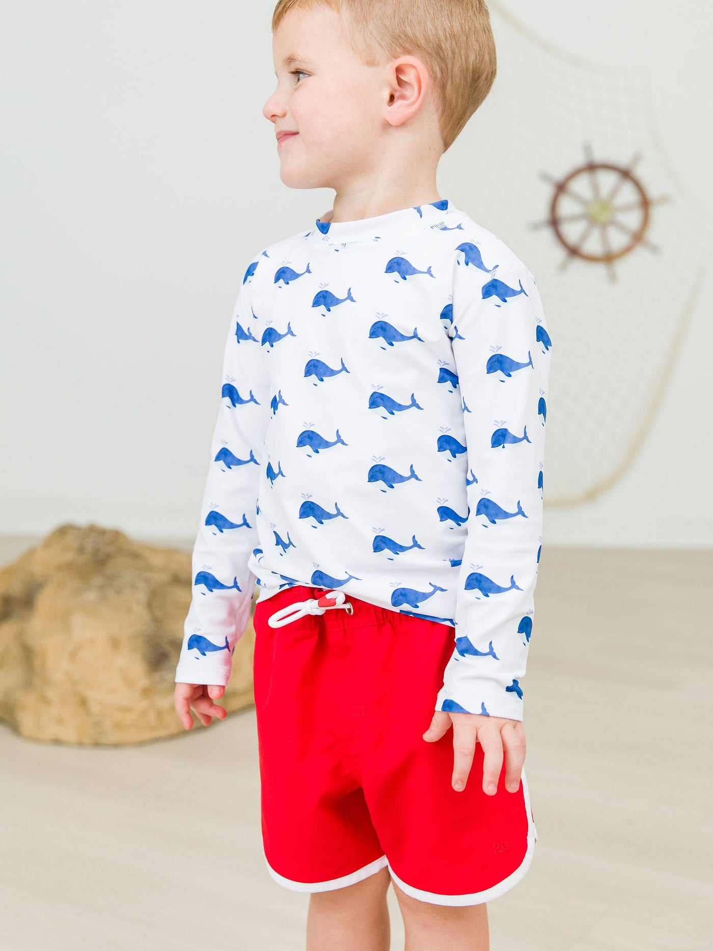 RuffleButts + RuggedButts - Boys Vintage Red Dolphin Hem Swim Trunks