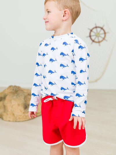 RuffleButts + RuggedButts - Boys Vintage Red Dolphin Hem Swim Trunks