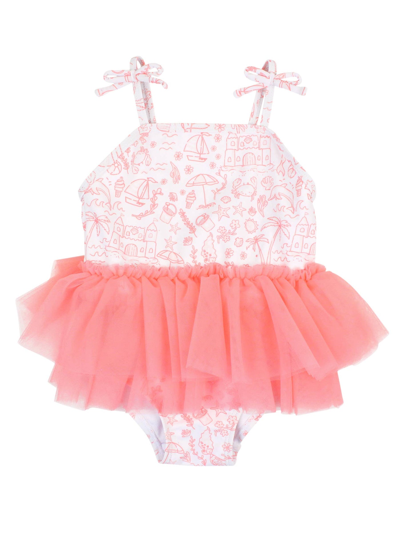RuffleButts + RuggedButts - Girls By the Seaside Tulle Skirted Tie Shoulder One Piece