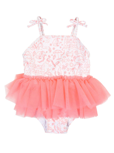 RuffleButts + RuggedButts - Girls By the Seaside Tulle Skirted Tie Shoulder One Piece