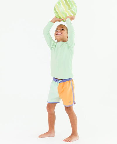 RuffleButts + RuggedButts - Boys Periwinkle, Green, & Ginger Dolphin Hem Swim Trunks