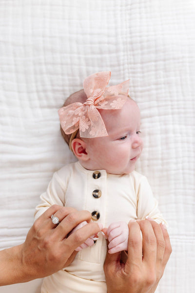 Lou Lou and Company Bow Headband: Peach Daisy Lace