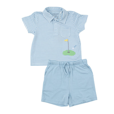 Angel Dear Polo Shirt and Short Set: Dream Blue Stripe