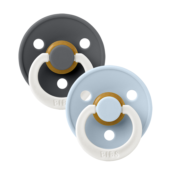 BIBS Pacifiers Classic Round 2 Pack: Iron/Baby Blue Glow-in-the-Dark