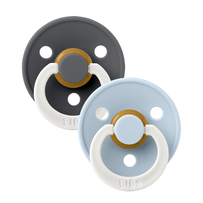 BIBS Pacifiers Classic Round 2 Pack: Iron/Baby Blue Glow-in-the-Dark