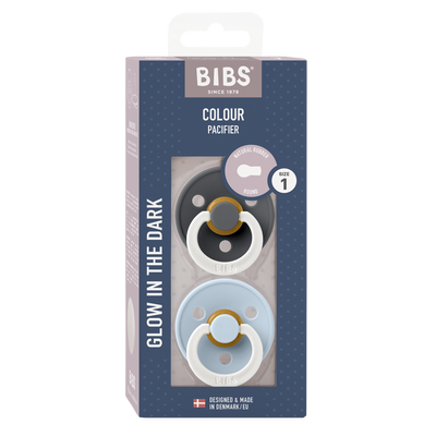 BIBS Pacifiers Classic Round 2 Pack: Iron/Baby Blue Glow-in-the-Dark