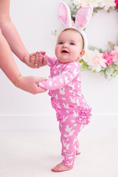 Birdie Bean Ruffle Convertible Romper: Pink Bunny