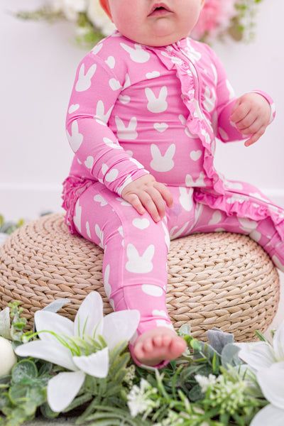 Birdie Bean Ruffle Convertible Romper: Pink Bunny