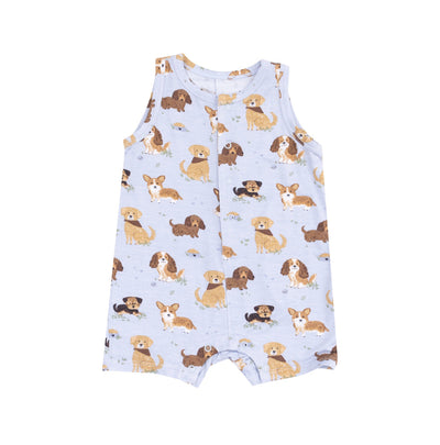 Angel Dear Sleeveless Shortie Romper: Blue Best Friend Dogs