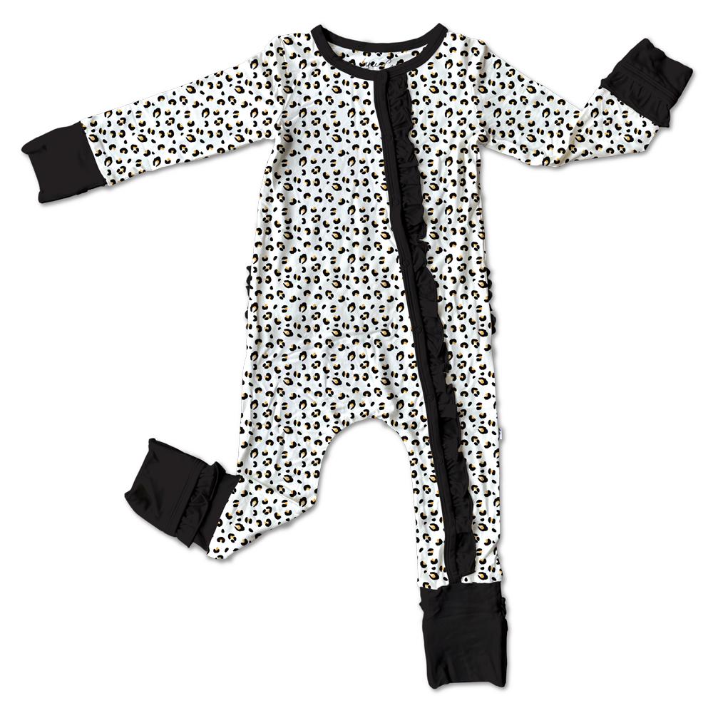 Laree + Co: Allie Leopard Bamboo Ruffle Convertible Snap Footie