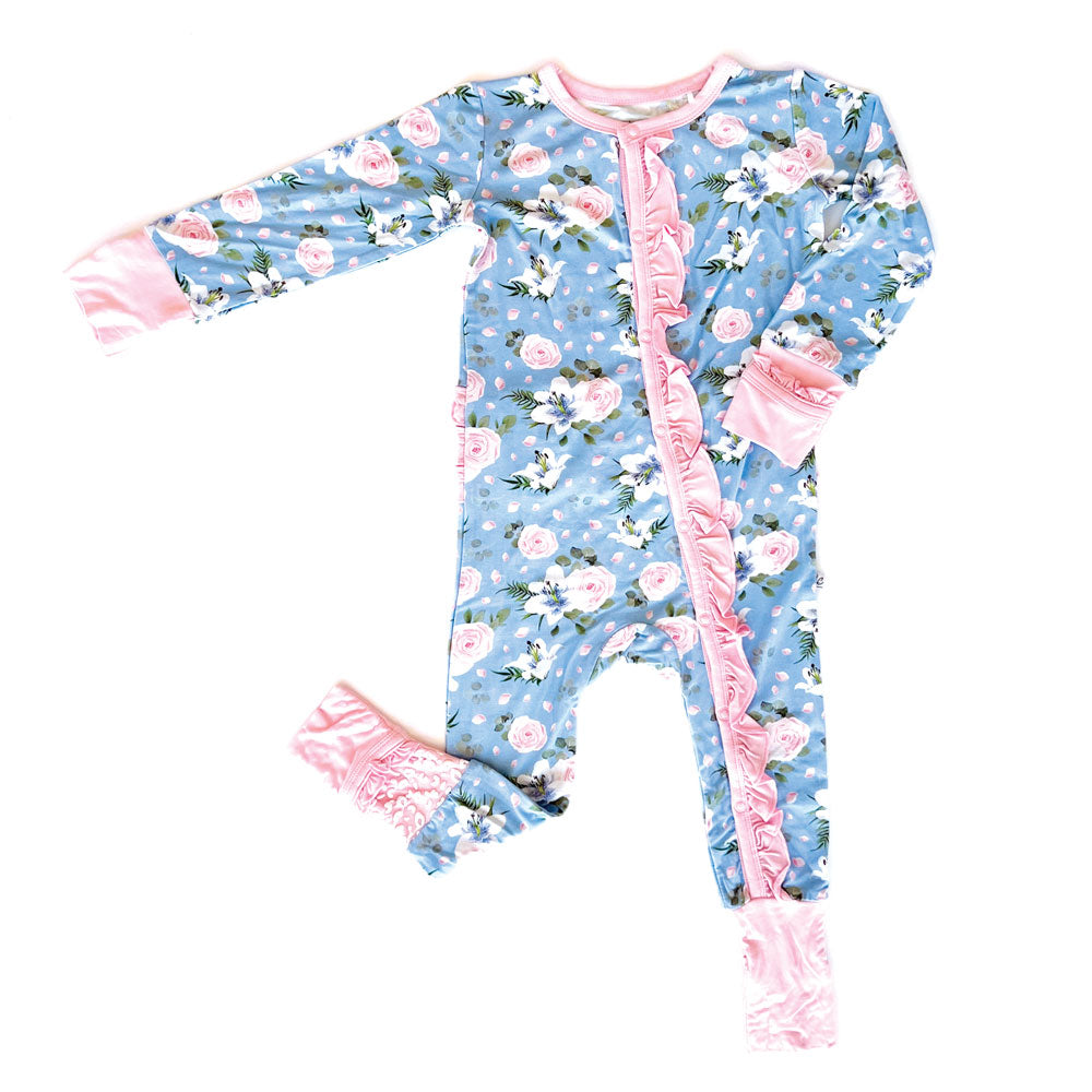 Laree + Co: Lillian Floral Bamboo Convertible Ruffle Snap Footie